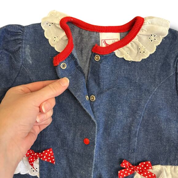 Vintage Buster Brown 12M Baby Romper Denim Puff Sleeve Lace Trim Red Bow USA - Picture 5 of 8